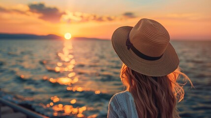 A solitary traveler woman wearing a hat stands on a seaside pier, gazing into the sunset.