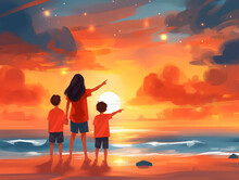 Illustration Of A Woman And Two Children Watching A Sunset On The Beach.