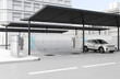 Electric Vehicle Charging Station equipped with Solar Panels and Container Battery Storage. 3D rendering image.