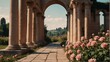 pink roses fields walkway with ancient roman columns from Generative AI
