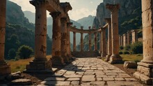 Mountain Walkway With Ancient Roman Columns From Generative AI