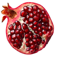  An HD image of a fresh pomegranate, cut open to expose the glistening deep red seeds, isolated on a Transparent background, PNG Cutout