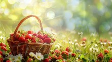 Wicker Basket Full Of Strawberries On Sunny Field With Flowers And Bokeh Lights