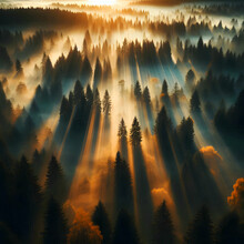 Aerial View Of Brightly Lit Morning Sunlight Shining Beams Of Light Through A Dark, Misty Forest With Pine Trees At Autumn Sunrise.  Amazing Forest On A Foggy Morning  The Concept Of Protecting The En
