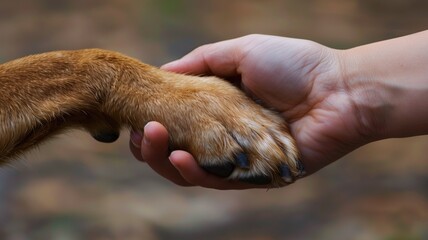 Wall Mural - Human hand gently holding dog's paw, symbolizing companionship and trust