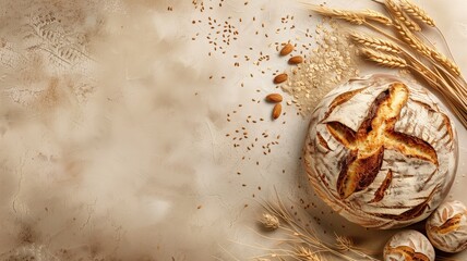 Wall Mural - Artisan bread with wheat and seeds on textured background