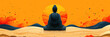 Buddha meditates against the background of an orange sun, rear view, silhouette. Holiday Buddha's Birthday. Buddhism concept. Banner