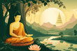 Young Buddha in lotus position against backdrop of rising sun sits near tree by river with lotus flowers. Buddha's birthday. Template for design, place for text. Buddhism concept