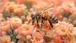 Beautiful insect and flower nature background. Close up of macro bee on pink flower, colorful floral garden. World Bee Day wallpaper illustration website concept.