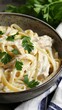 © TNP - Creamy Chicken Alfredo Pasta Garnished with Savory Parsley in a Rustic Bowl