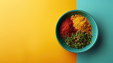 Wall Mural - Three colorful spices in bowl on dual-toned background