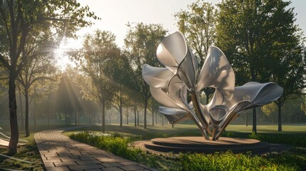 Wall Mural - 3D render of an innovative art installation in a public park, created by environmental scientists and sculptors, that cleans air pollution.