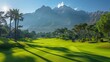 Golf course set against mountain backdrop under blue sky.
