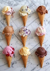 Sticker - Colorful ice cream in waffle cones on marble background