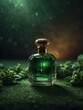 green perfume bottle on magical glowing fantasy background from Generative AI