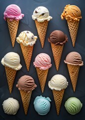 Wall Mural - Colorful ice cream cones on dark background