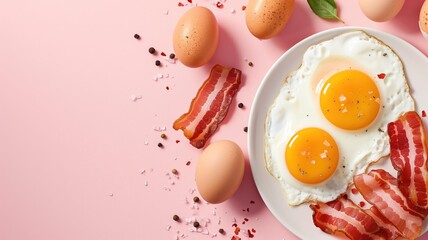 Canvas Print - Fried eggs with bacon strips on pink surface, salt, and pepper scattered alongside whole