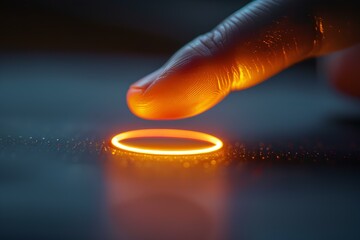 A person touching a glowing object on a table with a finger on