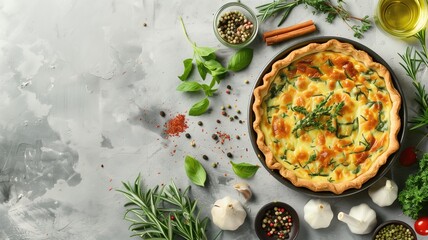 Wall Mural - Freshly baked quiche with herbs and spices on gray background