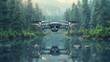 Vector illustration depicting a drone with remote control flying over a forest and lake, capturing photography and video.