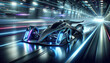 advanced and dynamic race car speeding down a futuristic track. The design of the car is sleek with an aerodynamic