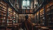 A data scientist at an old library converting ancient texts into digital data, in a mysterious, historical fiction style.