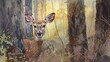 Watercolor, Deer through trees, close up, cautious gaze, twilight, serene