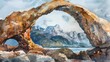Watercolor, Rock arch formation, close up, framing mountain vista, natural wonder