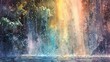 Watercolor, Water droplets from waterfall, close up, rainbow prism, misty air