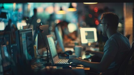 Aufkleber - A DevOps team in a bustling tech hub, deploying code with seamless precision, in a documentary photography style.