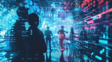 Poster - A DevOps team using advanced AI to predict software outcomes, in an abstract, futuristic AI visualization style.