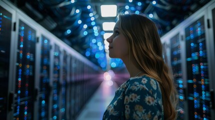 Poster - a female cloud engineer looking at a massive data center with rows of servers, styled as a documenta