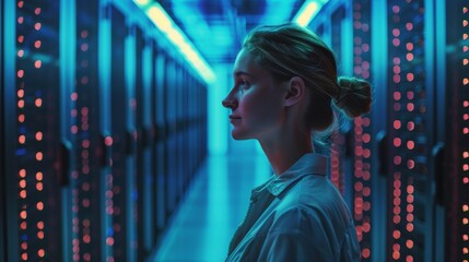 Poster - a female cloud engineer looking at a massive data center with rows of servers, styled as a documenta