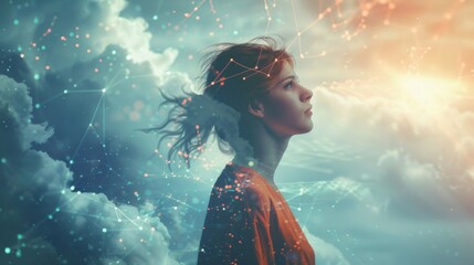 A female cloud engineer programming in a serene, high-altitude cloud-like environment, in an ethereal, abstract style.