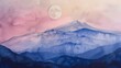 Watercolor, Moonrise over mountain, close up, craters visible, twilight hues