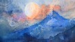 Watercolor, Moonrise over mountain, close up, craters visible, twilight hues
