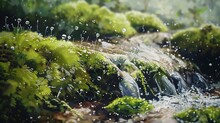 Watercolor, Water Droplets On Moss, Close Up, Beside Trickling Mountain Stream, Serene 