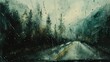 Watercolor, Raindrops on car window, close up, blurred mountain road, moody