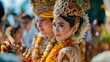 A bride in ornate balinese attire with exquisite golden jewelry participates in a cultural wedding ritual as the day fades - Generative AI