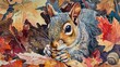 Watercolor, Squirrel with acorn, close up, amidst colorful leaves, playful gaze