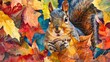 Watercolor, Squirrel with acorn, close up, amidst colorful leaves, playful gaze 