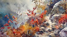 Watercolor, Berries On Mountain Trail, Close Up, Dew Drops, Rich Autumn Colors 
