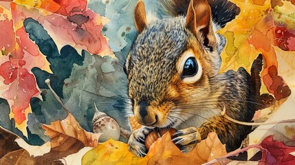 Wall Mural - Watercolor, Squirrel with acorn, close up, amidst colorful leaves, playful gaze 