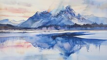 Watercolor, Twilight Hues On Mountain, Close Up, Mirrored In Icy Pond, Solitude 