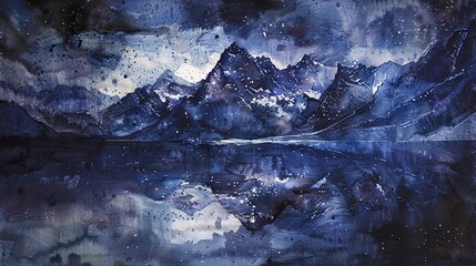  Watercolor, Starlit mountain, close up, reflection in night photographer's lens 