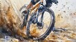 Watercolor, Bike suspension in action, close up, high speed, dust flying 