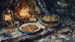 Watercolor, Mountain feast, close up, handmade dishes, warm lantern light 
