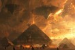 alien spaceships invading ancient egyptian pyramids mysterious glowing runes dark fantasy concept art