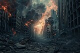 Fototapeta  - apocalyptic city destruction scene with crumbling buildings and debris dramatic concept art