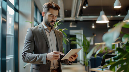 Poster - businessman or ceo of company in modern office using a digital tablet to monitor his business or loo